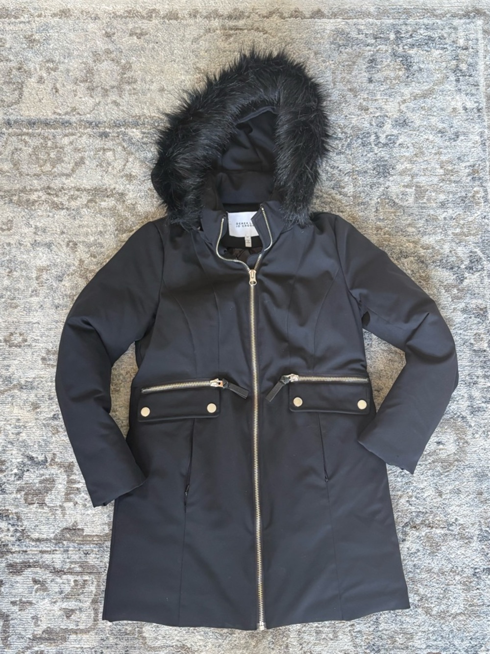 10 Crosby Derek Lam Black Quilted-Lined Hooded Puffer Coat with Faux Fur Trim